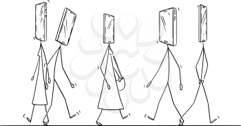 Vector cartoon stick figure drawing conceptual illustration of people or pedestrians walking on the street with mobile phone or smartphone as head. Concept of addiction.