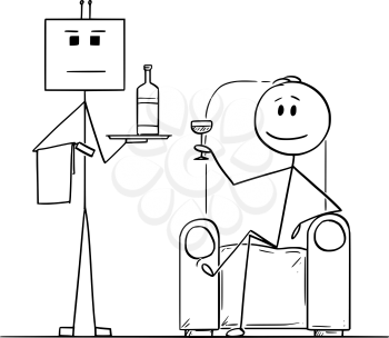 Vector cartoon stick figure drawing conceptual illustration of rich man sitting in armchair or chair, with glass in hand and robot as his servant or valet in standing near and holding bottle on tray.