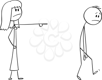 Vector cartoon stick figure drawing conceptual illustration of angry woman or female boss expelling man, forcing him to leave.