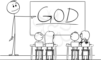 Vector cartoon stick figure drawing conceptual illustration of teacher in classroom with marker in hand pointing at god word written on whiteboard.