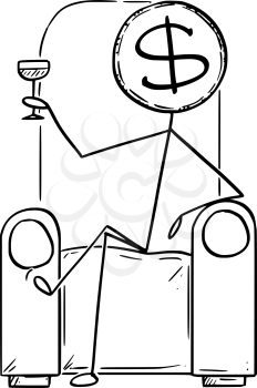 Vector cartoon stick figure drawing conceptual illustration of successful rich man or businessman , with dollar coin instead of head sitting in chair and holding drinking glass.