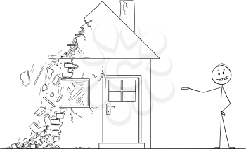 Vector cartoon stick figure drawing conceptual illustration of businessman or state agent or broker or realtor offering decaying house falling in to ruin.