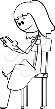 Vector cartoon stick figure drawing conceptual illustration of woman sitting on chair and using mobile phone or smartphone and checking social networks or media.