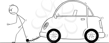 Vector cartoon stick figure drawing conceptual illustration of man chained by iron chain to his car. Concept of car or vehicle expenses.