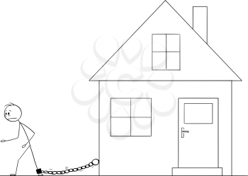 Vector cartoon stick figure drawing conceptual illustration of man chained by iron chain to his family house. Concept of housing or mortgage expenses.