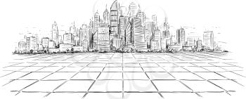 Vector artistic sketchy pen and ink drawing illustration of generic city high rise cityscape landscape with skyscraper buildings, view from empty brick floor.