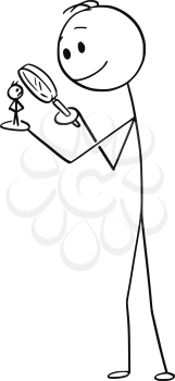Cartoon stick figure drawing conceptual illustration of man or businessman with small character standing on his hand and watching him with magnifying glass.