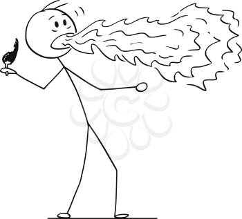 Cartoon stick figure drawing conceptual illustration of man with fire or flame coming from his mouth when eating hot chili pepper.