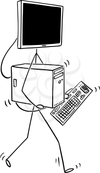 Cartoon stick figure drawing conceptual illustration of desktop computer walking with parts in hands and display as head of character.