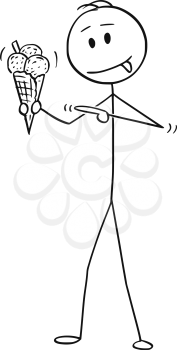Cartoon stick figure drawing conceptual illustration of man holding ice cream cone and pointing at it.