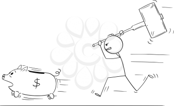 Cartoon stick figure drawing conceptual illustration of angry man or businessman chasing running piggy bank pig with big hammer.