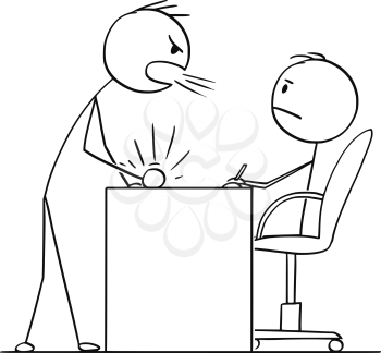Cartoon stick figure drawing conceptual illustration of man or businessman yelling or screaming at boss, clerk or subordinate sitting behind office desk or table.