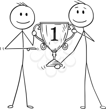 Cartoon stick figure drawing conceptual illustration of two men or businessmen holding together number one trophy cup for winner. Business concept of success and competition.