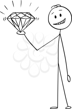Cartoon stick figure drawing conceptual illustration of man or businessman holding in hand big shining diamond or gem.