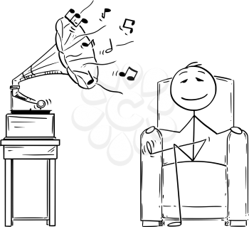 Cartoon stick figure drawing conceptual illustration of man sitting in comfortable armchair and enjoying hearing music from antique gramophone with eyes closed.