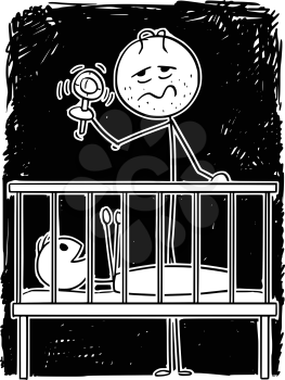 Cartoon stick figure drawing conceptual illustration of dead tired parent or father entertaining baby in cot in night with rattle.