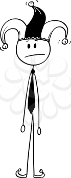 Cartoon stick figure drawing conceptual illustration of frustrated man or businessman in jester or fool costume. Business metaphor of stupid failure.