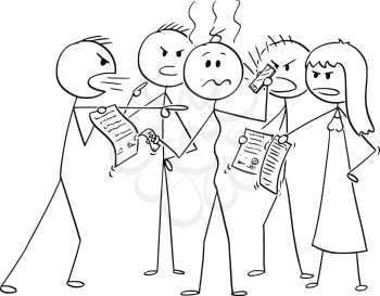 Cartoon stick figure drawing conceptual illustration of depressed man in debts surrounded by group of debtors asking for money return. Concept of financial responsibility.