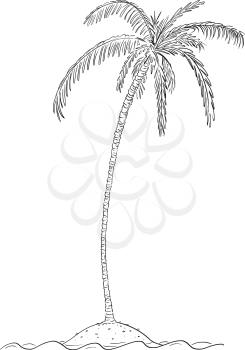 Vector cartoon illustration or drawing of palm tree growing on small island in center of ocean.