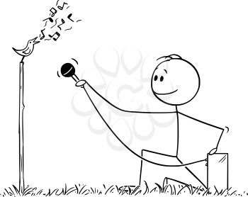 Vector cartoon stick figure drawing conceptual illustration of man or ornithologist recording birdsong or bird singing with microphone. Sound of wild nature.