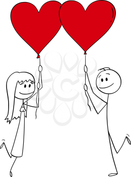 Vector cartoon stick figure drawing conceptual illustration of heterosexual couple of man and woman on date holding red heart shaped balloons and smiling.