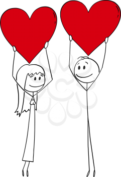 Vector cartoon stick figure drawing conceptual illustration of heterosexual couple of man and woman on date holding big red hearts.
