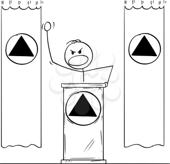 Vector cartoon stick figure drawing conceptual illustration of rude aggressive man or dictator speaking or having speech to public or followers on podium or behind lectern. Flags and symbols are around.