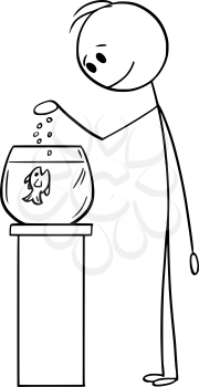 Vector cartoon stick figure drawing conceptual illustration of man feeding fish in spherical fishbowl or aquarium or tank.