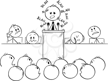 Vector cartoon stick figure drawing conceptual illustration of man or politician speaking or having boring speech on podium or behind lectern and saying blah.