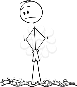 Vector cartoon stick figure drawing conceptual illustration of man or tourist standing id polluted dirty water full of plastic garbage.