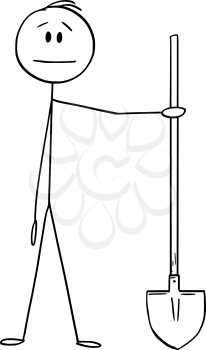 Vector cartoon stick figure drawing conceptual illustration of man or construction worker or digger holding shovel.
