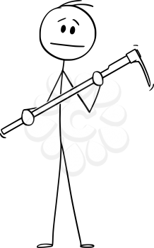 Vector cartoon stick figure drawing conceptual illustration of man or farmer or gardener holding mattock or hoe.