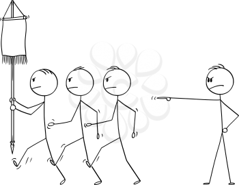 Vector cartoon stick figure drawing conceptual illustration of manager or boss sending his team of businessmen in to business battle with market or competitors.
