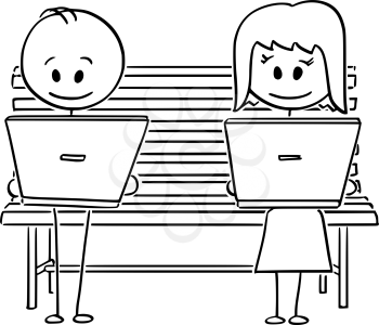 Vector cartoon stick figure drawing conceptual illustration of couple of man and woman using social media or working on computers while sitting on park bench.