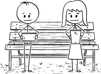 Vector cartoon stick figure drawing conceptual illustration of couple of man and woman sitting on park bench, both using social media on mobile phone and ignoring each other.