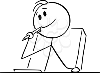 Vector cartoon stick figure drawing conceptual illustration of creative man or businessman or writer thinking about something, with ballpoint pen in mouth and piece of paper on the table.
