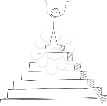 Vector cartoon stick figure drawing conceptual illustration of successful man or businessman celebrating victory on the peak of the pyramid. Business concept of success.