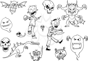 Set of cartoon vector drawings of halloween monsters like ghost, zombie, demon and flying skull. Dangerous but cute creatures.