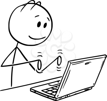 Cartoon stick figure drawing conceptual illustration of smiling man working and typing on laptop computer.