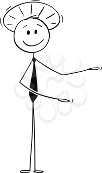 Cartoon stick figure drawing conceptual illustration of good and holy businessman or politician showing, offering or pointing at something.