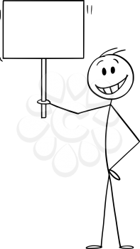 Cartoon stick figure drawing conceptual illustration of happy smiling man holding empty sign ready for your text.