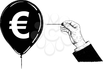 Cartoon drawing conceptual illustration of hand of businessman with needle or pin popping Euro currency symbol balloon.
