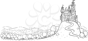 Cartoon Illustration or Drawing of fantasy landscape with medieval castle on hill surrounded by trees and forest with mountains on background.