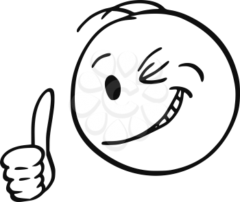 Cartoon stick figure drawing conceptual illustration of smiling man or businessman winking and showing thumb up.