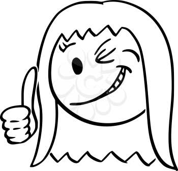 Cartoon stick figure drawing conceptual illustration of smiling woman or businesswoman winking and showing thumb up.