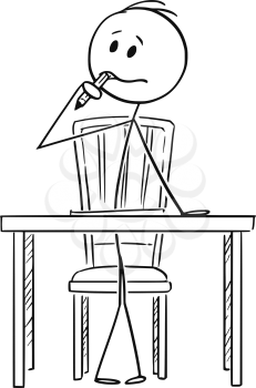 Cartoon stick figure drawing conceptual illustration of man sitting behind office desk and trying to write something and thinking hard with pencil in mouth.