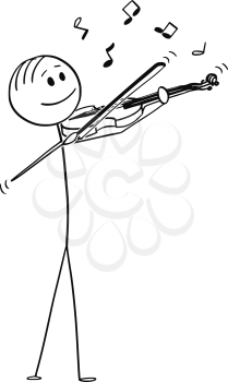 Cartoon stick figure drawing conceptual illustration of musician violinist playing music on violin. Musical notes are coming from the instrument.
