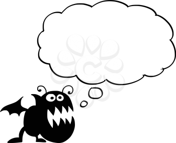 Cartoon drawing conceptual illustration of crazy flat black monster with empty text bubble or speech balloon ready for your text.