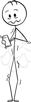 Cartoon stick drawing conceptual illustration of stressed man or businessman walking with mobile phone.
