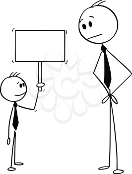 Cartoon stick drawing conceptual illustration of businessman looking at confident small boy holding empty sign. Business concept of creativity and motivation.